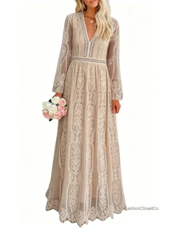 Dresses & Skirts - Women Lace Maxi Wedding Dress V-Neck Long Sleeve Formal Evening Gown
